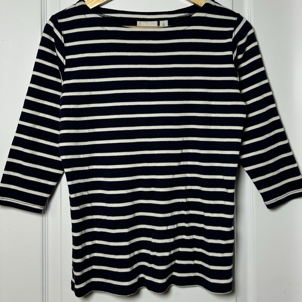 L.L. Bean 100% Cotton Navy Breton Stripe Boatneck 3/4 Sleeve Top Nautical Style